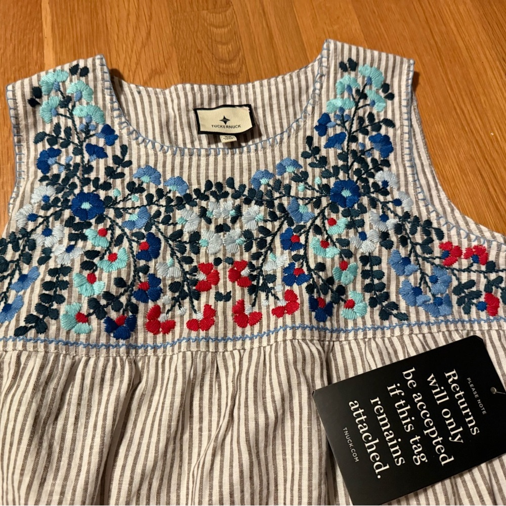 Tuckernuk Striped linen sunny mini Dress with Embroidered Details NWT - Picture 4 of 4